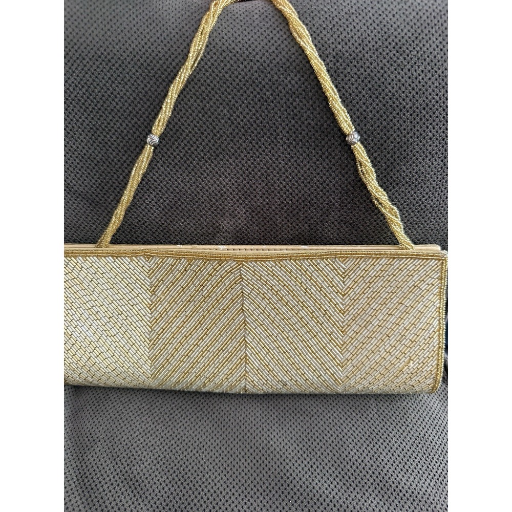 Sasson Gold Chevron Beaded Clutch Shoulder Strap Magnetic Closure Inner Pockets